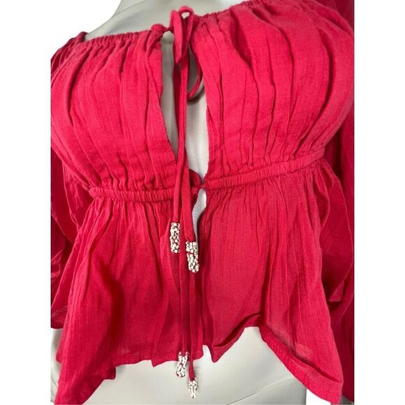 Free People Long Sleeve Cropped Red Carly Blouse With Tie Front - Picture 3 of 6